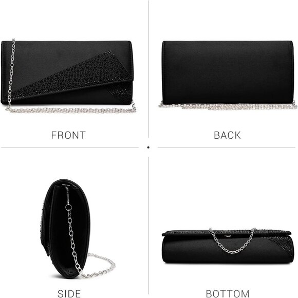 Women's Black Satin Rhinestone Evening Clutch Bag Sparkle Glitter Purse - Picture 3 of 7